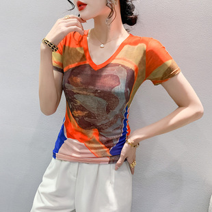 Summer New Fashion Printed V-neck T-shirt Women's Short-sleeved European and American Sexy Mesh Top Slim-fit Slimming Elegant Small Shirt