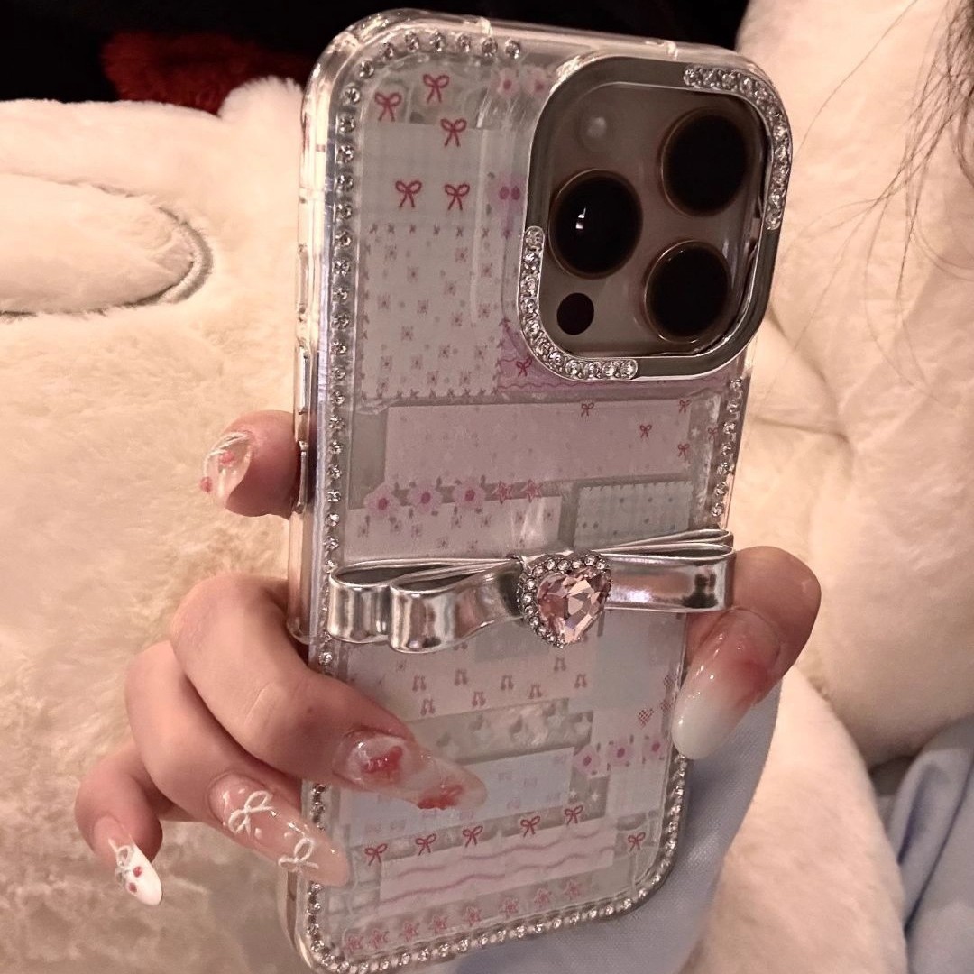 Niche luxury bow rhinestone case for Apple iPhone 16 Pro Max, iPhone 15, and handbag for young women.