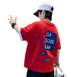 Cotton Boys T-shirt Short-sleeved 2023 New Summer Primary School Students Fried Street Red Half-sleeved Top Summer Boy Trendy T-shirt