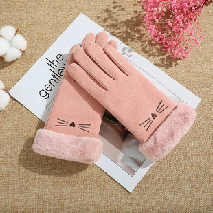 Winter Warm gloves with fur mouth women's high-looking fleece-lined thickened touch screen cycling ski lady fashion gloves