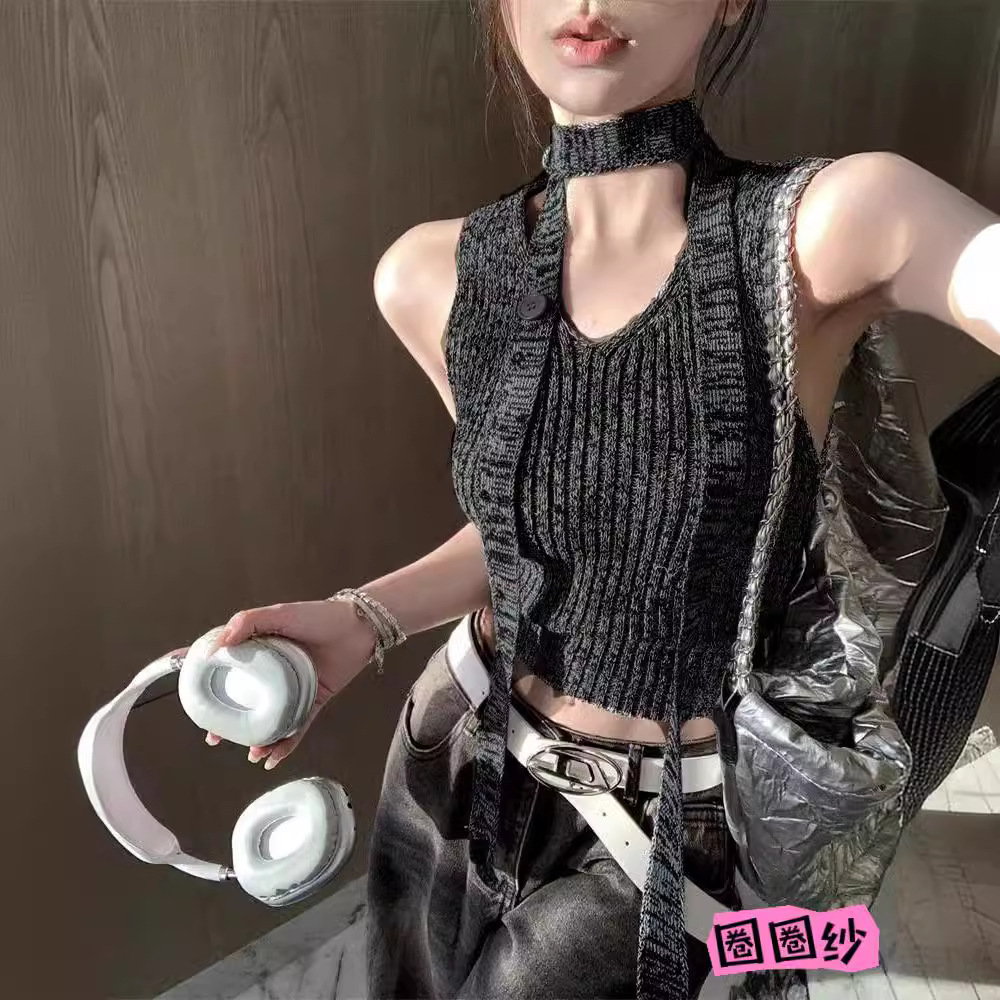 2024 Summer New Sexy Knitted Neck Vest Top with Strap Spice Girls Slim-fit Slimming Outer Wear Sleeveless Top