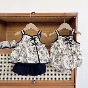 INS New Style Baby Girl Summer Thin Clothes Chinese Style Floral Buckle Sleeveless Bag Fat Clothes Baby Suit