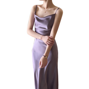 Imported Acetic Acid Sling Collar Sling Dress Women's Elegant Silk Slim-fit Satin Silk Dress High-grade Goddess Dress