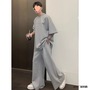 Simple Small Nearline Short-sleeved Men's Summer New High Street Three-dimensional Letter Casual suit All-match Straight Pants Pinter