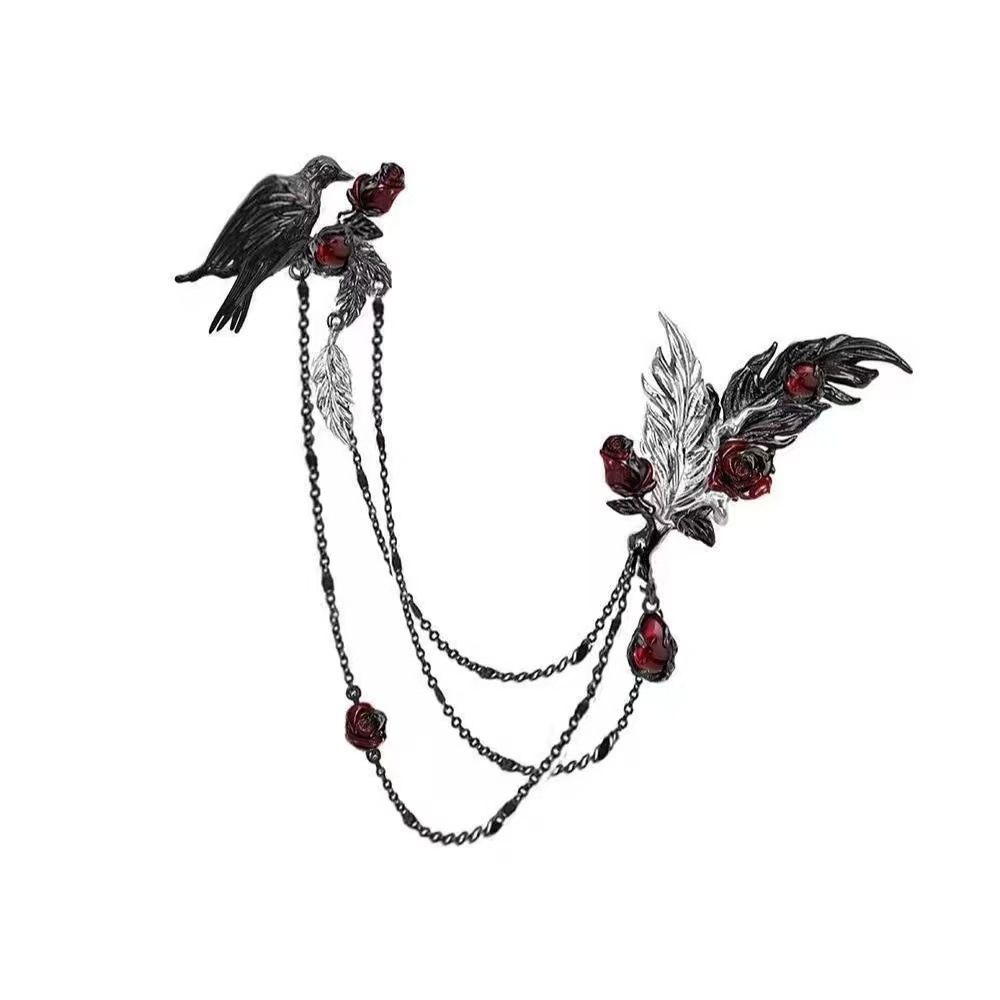 Dark Raven Rose Brooch for Women, New Chinese Style Tassel Feather Suit Accessory, Unique Trendy Cool Design Pin