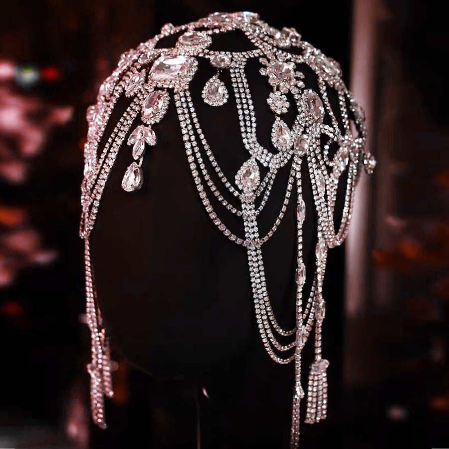 Exotic Style Super Shiny Full Diamond Tassel Forehead Pendant Bridal Wedding Headdress Accessories High-End Accessories