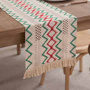 Cross-border American Natural Woven Color Matching Cotton and Linen Table Runner Tassel Striped Diamond Plaid Table Runner Table Bucket Decorations