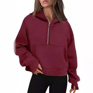 2024 autumn and winter AliExpress Amazon new fashion casual sports half zipper hooded short fleece-lined sweater