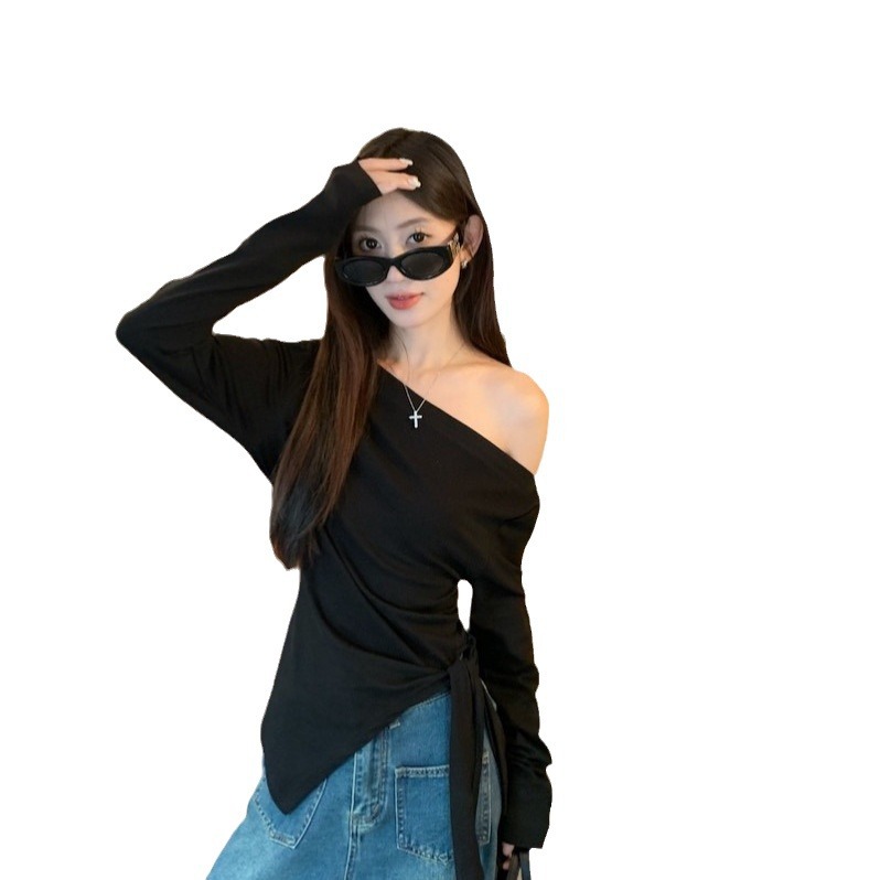 가을 디자인 감각 기질 스트랩 비스듬한 어깨 긴팔 티셔츠 불규칙한 밀착 허리 슬리밍 핫 걸 섹시 탑