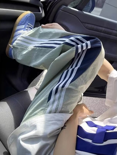 Summer Dopamine Quick-drying Casual Pants Men's Trendy Three-bar Loose Straight Ice Silk Cool Sports Paratrooper Pants