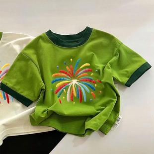 Children's Summer Cotton Short-sleeved T-shirt New Color-block Round Neck Boys' and Boys' Top Cartoon Casual Base Shirt