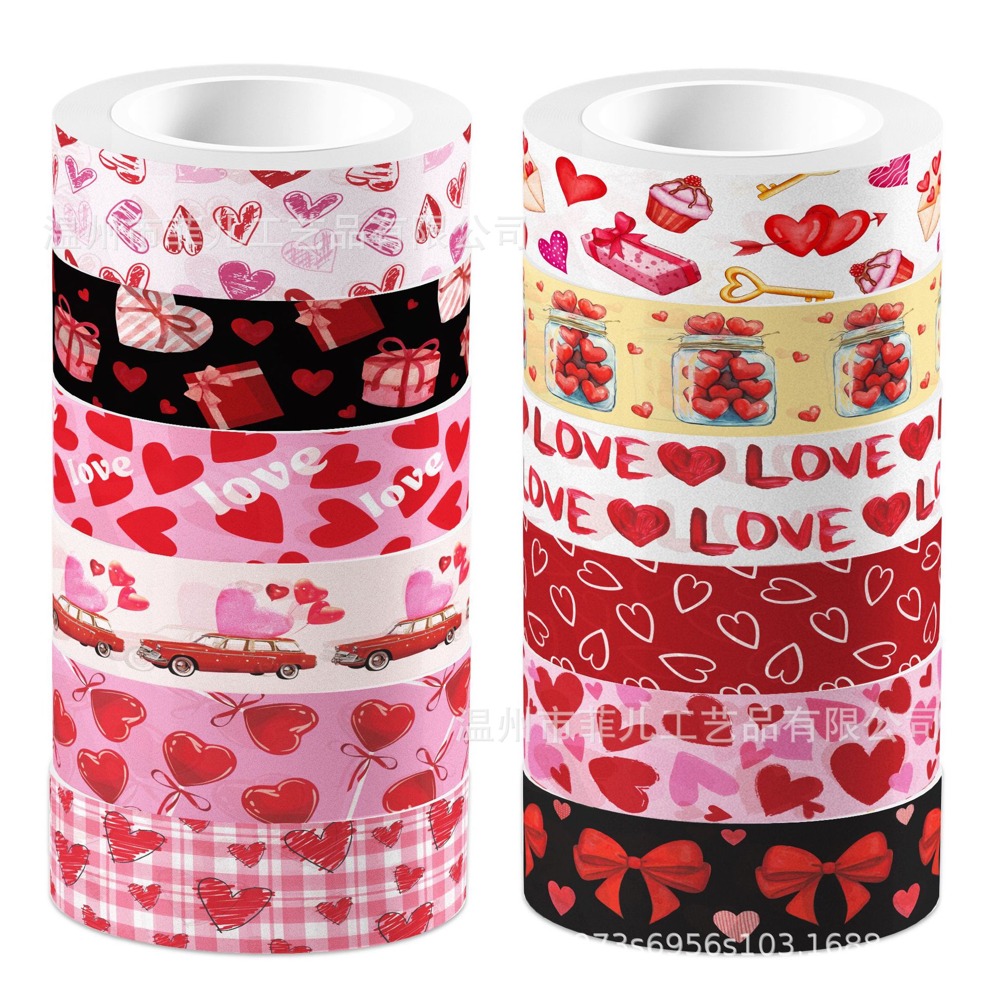 ZH175 Valentine's Day roll of self-adhesive and washi tape for DIY journaling, pink heart decoration washi tape