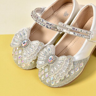 Children's leather shoes 2024 summer Korean girls bright diamond bow princess performance crystal shoes cute baby shoes