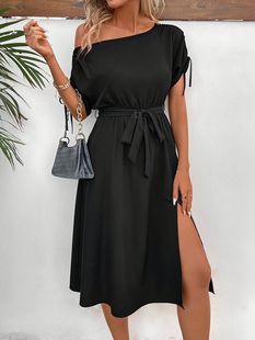 5081 in stock foreign trade goods source spring and summer women's elegant fashion solid color short sleeve dress