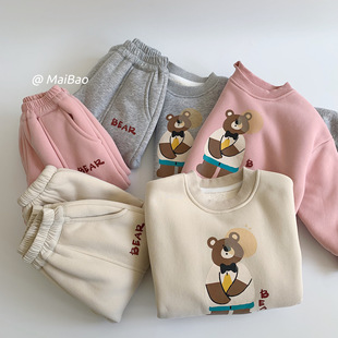 Maibao Children's suit 2024 Winter Boys and Girls Cartoon Bear Sweatshirt Casual Trousers New Two-Piece Set Trendy
