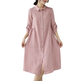Amazon Shrimp Cross-border Breathable Linen Dress Long 2023 Spring/Summer New Korean Style Shirt Neck