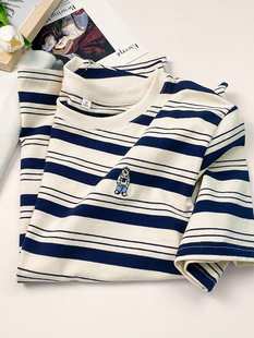 6017# Official Figure Back Bag Collar 95 Cotton Striped T-shirt Women's Short Sleeve Loose Summer Embroidered Bear American Fashion Brand