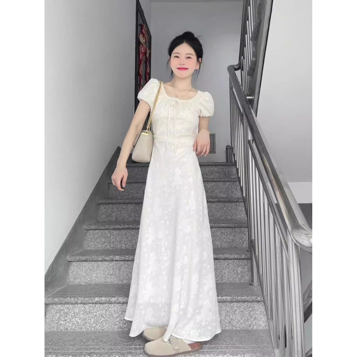 여성용 프렌치 젠틀 스타일 살구색 드레스, 하이엔드 디자인, 틈새 기질, 허리 슬리밍 롱 스커트, 여름