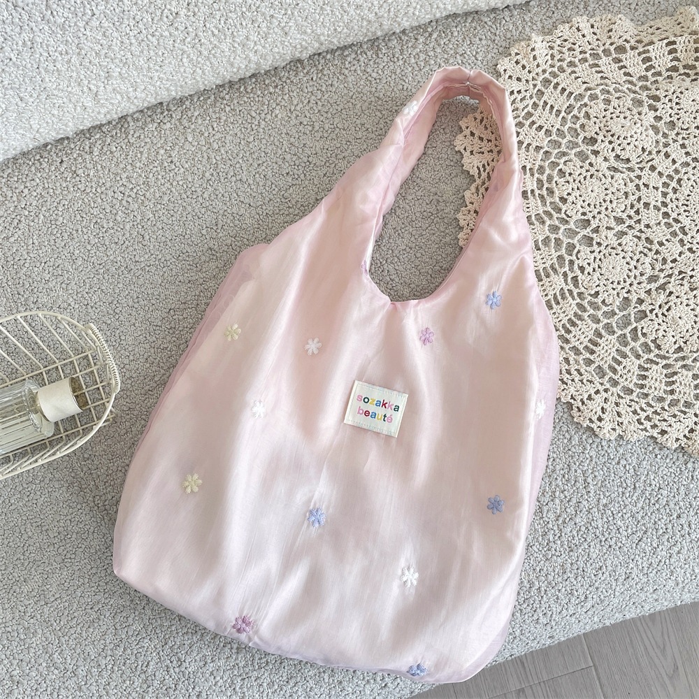 64271 Cherry Blossom Embroidered Soft Gauze Tote Bag, Low-Saturation Color Scheme, Everyday Commute, Relaxed Style, Large Capacity Tote Bag