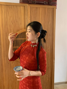 New Chinese Style "Spring and Jingming" Elegant Retro Long Red Cheongsam Dress Wedding Toast Women's Autumn