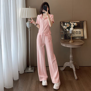 Casual Sports suit Women's Summer New Fashionable Western Style Slim Fit Age-reducing Hooded Short-sleeved Top Wide-leg Pants Two-piece Set