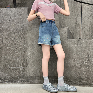Girls 2025 Summer New Korean-style Love Embroidered Denim Shorts Big Kids Loose Three-part Pants Thin