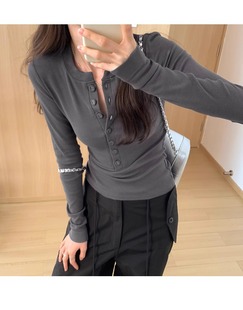 Factory Direct Camp Spring and Autumn Spice Girls T-Shirt Women's Half Open Collar Top Long Sleeve Base Shirt Inner Slim-fit Korean Solid Color