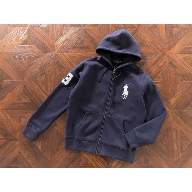Cross-border Paul pure cotton high-quality spring and autumn embroidered men's hooded sweatshirt, loose solid color RL zip-up jacket