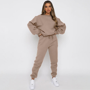 Cross-border European and American autumn and winter solid color round neck pullover trousers women's fashion casual long-sleeved sweater suit in stock