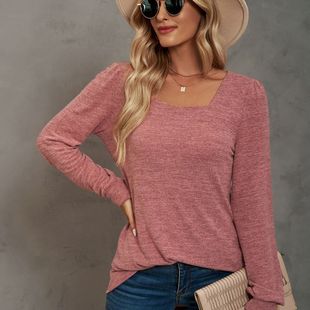Fall/Winter 2023 New Amazon Explosive T-shirt Solid Color Square Collar Pleated Long Sleeve Casual Women's Base