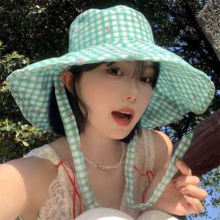 Mint Mambo Plaid Lace-up Fisherman Hat Women's Foldable Spring and Summer Travel Big Brim Sun Hat