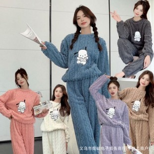 Lapel Strawberry Bear Cute Sweet Home Clothes Thickened Coral Fleece Pajamas suit Autumn and Winter Women's Warm Cardigan