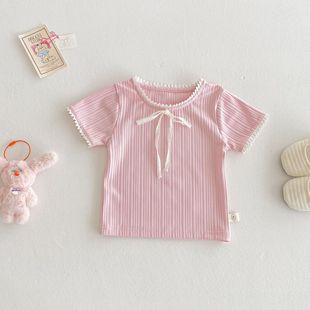 Girls' Solid Color T-Shirt 2025 New Summer Baby's Llace Collar Short-sleeved Thin Children's Western Style Korean Style Floral Top