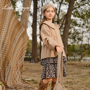 Girls' retro British style short trench coat 2024 spring new medium and big children simple casual coat girls' top
