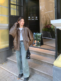Brown Leather Women's Short Autumn 2024 Leather Jacket Biker Jacket Retro Korean-style Loose Handsome