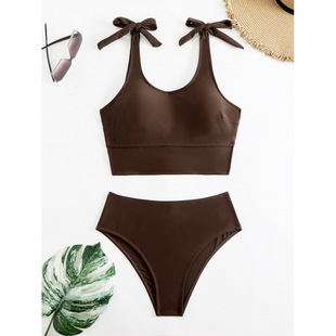 Fashion split solid color two-piece bikini women's swimsuit sexy high waist explosion swimwear European and American in stock wholesale