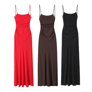 Foreign trade 2024 summer new women's solid color pullover sleeveless pleated decorative underwear sling dress