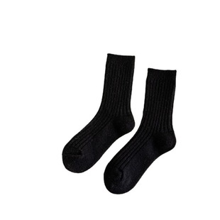Solid color vertical striped cashmere socks women's autumn and winter fleece-lined thickened mid-calf length socks South Korea wool warm pile stockings