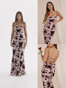 2025 European and American Style Spring and Summer New Women's Fashion Suspenders Sexy Backless Slim Printed Hip Dress Long Skirt