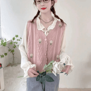 Sweet Little Spring and Autumn Knitted Vest Women's Stylisch Short V-Neck Loose All-match Sleeveless Sweater Vest Waistcoat