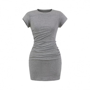 Summer American Hot Girl Round Neck Right Shoulder Short-Sleeved Dress with Pleated Waist and Slim Fit Solid Color Hip-Hugging Short Skirt