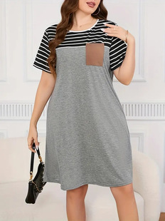 European and American Export Large Size Stripesd Printed Dress Cross-border Independent Station Amazon Casual Round Neck Short-sleeved Dress