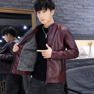 Spring Autumn Winter Men's Slim Fit Korean Style fleece-lined Leather Jacket Youth Leather Jacket Casual Handsome Trendy
