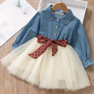 Girls Long Sleeve Lapel dress New Denim Fake Two-piece Spring and Autumn Dress Shirt Dress Baby Girl Fashion Princess Dress