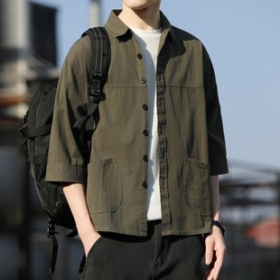 Pure Cotton Seven-Sleeve Shirt Men's 2025 New Casual Thin Work Shirt Jacket Loose Mid-Sleeve Upper Clothes