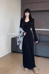 Spring and Autumn New Style Pure Desire V-neck Long Sleeve Solid Color A- line dress Children's Spice Girls Tight Waist Elastic Mid-length Skirt