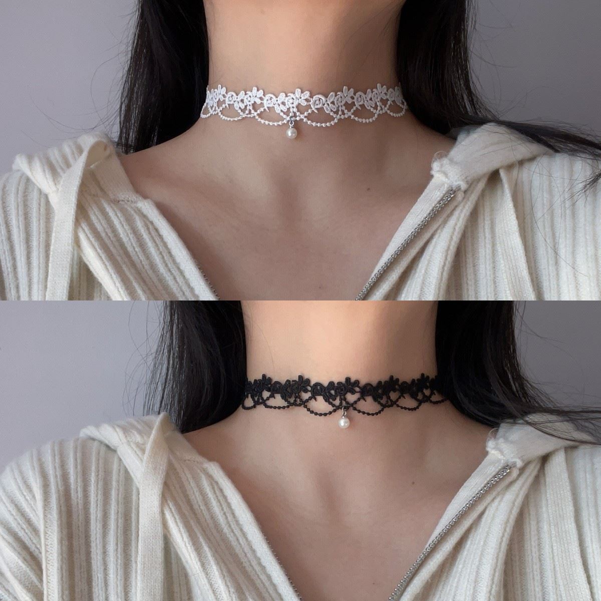 White Lace Pearl Choker Super Fairy Girl Neck Collar Short Jewelry Neck Strap Elegant Clavicle Chain Necklace