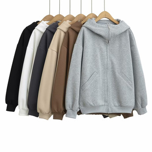 European and American style heavy autumn cardigan sweater women's fashionable zipper cardigan design solid color hooded coat gray top