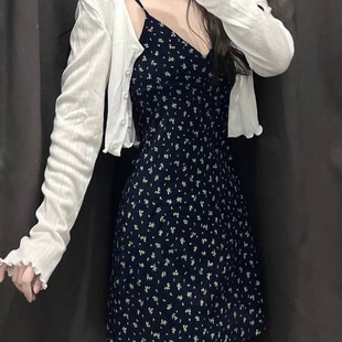Vintage Floral Sling dress Autumn Outer Cardigan plus size Women's chubby girl Short Skirt A- line Skirt