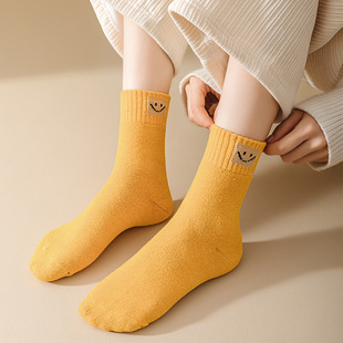 Winter new warm thick small smiley terry socks fleece-lined solid color tube socks casual simple floor socks wholesale